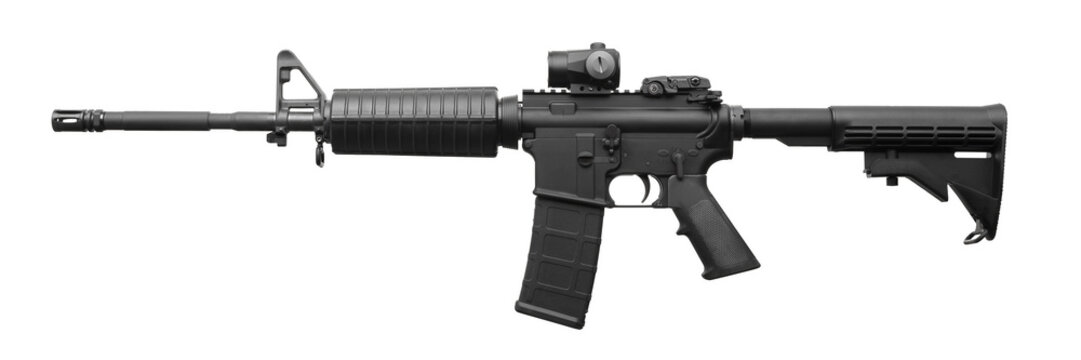 Modern black carbine with a collimator sight isolated on white