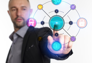 The concept of business, technology, the Internet and the network. A young entrepreneur working on a virtual screen of the future and sees the inscription: Protect your identity