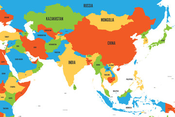 Fototapeta na wymiar Colorful political map of western, southern and eastern Asia. Simple flat vector illustration.