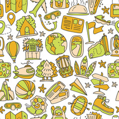 Travel and summer seamless pattern, journey and trip background. Adventure time pattern in hand draw style, vector sketch elements on repeatable pattern