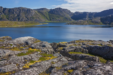 Magnificent mountain lake with the coast covered with moss. Short summer in Finnmark, Norway. Northernmost part of continental Europe