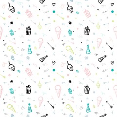 Seamless pattern for birthday. Cakes, confetti, icecream and other attributes of the holiday. Birthday backround.