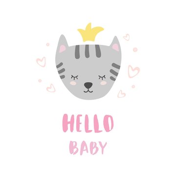 Hello baby. Cute cat, sweet animal vector. Illustration for greeting cards or children's design.