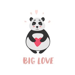 Big love. Cute Panda with a heart in love. Vector illustration for Valentine's day.
