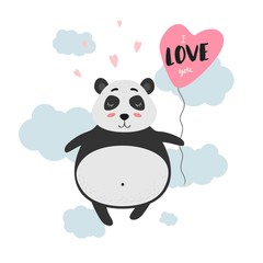 I love you. Cute Panda with balloon in the clouds. Vector illustration for Valentine's day.