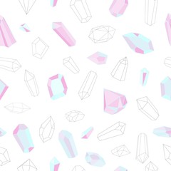 Seamless pattern with crystals, gem and minerals on a white background. Vector illustration.