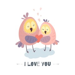 I love you. Cute owls with heart. Vector illustration for Valentine's day, poster, postcard, and other.