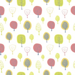 Hello spring. Seamless pattern with hand drawn trees. Illustration for packaging, decorating, textiles, Wallpaper, and other.