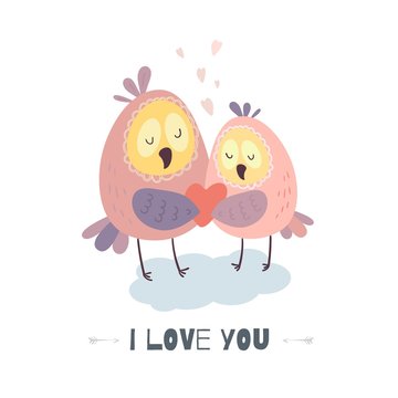 I love you. Cute owls with heart. Vector illustration for Valentine's day, poster, postcard, and other.