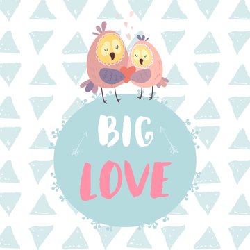 Big love. Cute owls with heart on round frame. Vector illustration for Valentine's day, poster, postcard, and other.