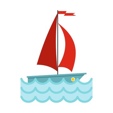 Yacht With Red Sails Icon, Flat Style