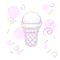 Sketch ice-cream. Sweet wafer cone, delicious and fresh summer dessert. Hand drawn style.