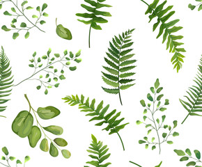 Materiał do szycia Seamless greenery green leaves botanical, rustic pattern Vector floral watercolor style design: forest fern frond leaf, herbs. Nature Wallpaper, natural texture, trendy print isolated white background