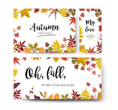 Vector Floral Watercolor Style Card Design Autumn Season Border Frame Set: Colorful Orange Yellow Burgundy Red Fall Tree Leaf, Branch.  Postcard, Party Banner Poster Wedding Invite, Menu Card Template