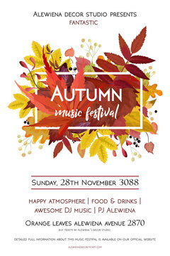 Autumn season party festival invite poster banner Vector watercolor style card design  border frame: colorful orange yellow orange red fall leaves forest maple oak tree berries.  Decorative copy space