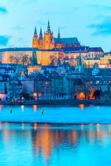 Prague Castle and Charles Bridge, Prague, Czech Republic, Vltava river in foreground