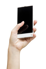 Hand holding white bezelless smartphone with blank screen on white background
