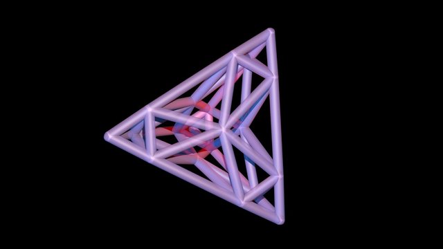 3d geometry, tetrahedra , pyramid front view,  triangular face. Glowing rose pink interior. 3d rendering