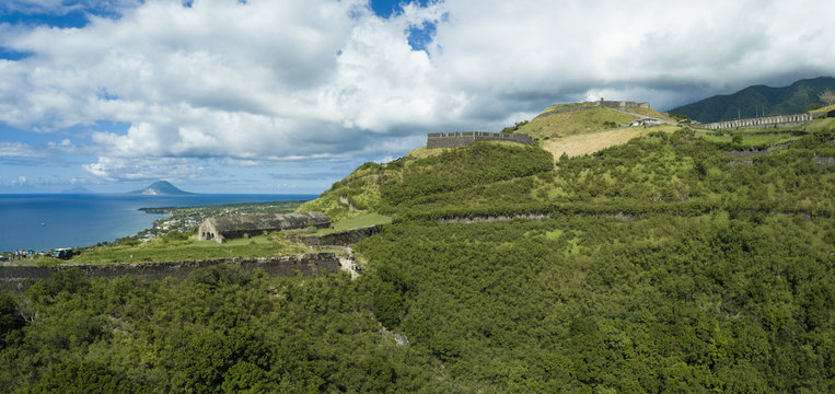 Aerial panoramic view of Brimstone Fortress, a landmark on St Kitts.