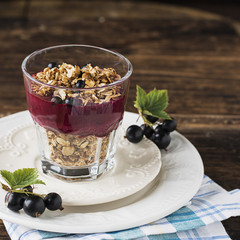 A fine homemade breakfast of granola and berry currant puree from fresh garden organic berries in a simple glass serving glass on a dark wooden background full of vitamin C. Selective focus.