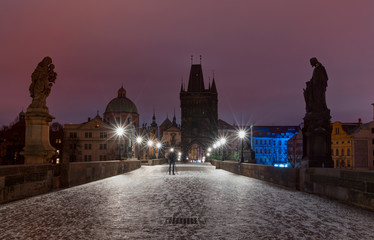 Prague Castle and Charles Bridge, Prague, Czech Republic, Vltava river in foreground