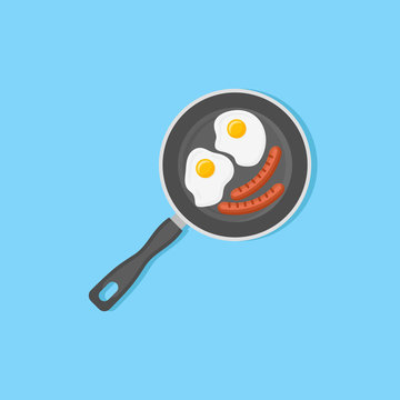 Fried eggs and sausages in frying pan isolated on blue background. Top view. Flat style vector illustration.