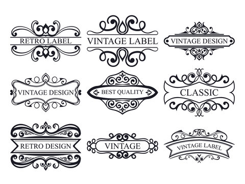 Set of vintage calligraphic labels. Ornate logo templates for design of invitations, greeting cards, banners, posters, placards, badges, hotel, restaurant and business identity. 