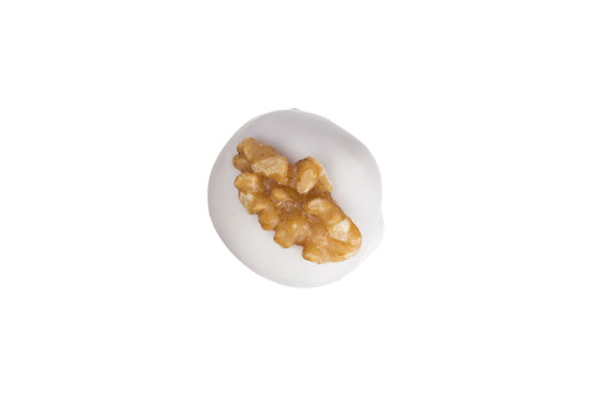 Homemade white chocolate truffle. Known as Camafeu in Brazil. Top view of isolated candy ball.as Camafeu in Brazil. Top view of isolated candy ball.