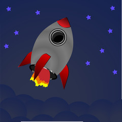 Cartoon rocket on space background, vector illustration. 