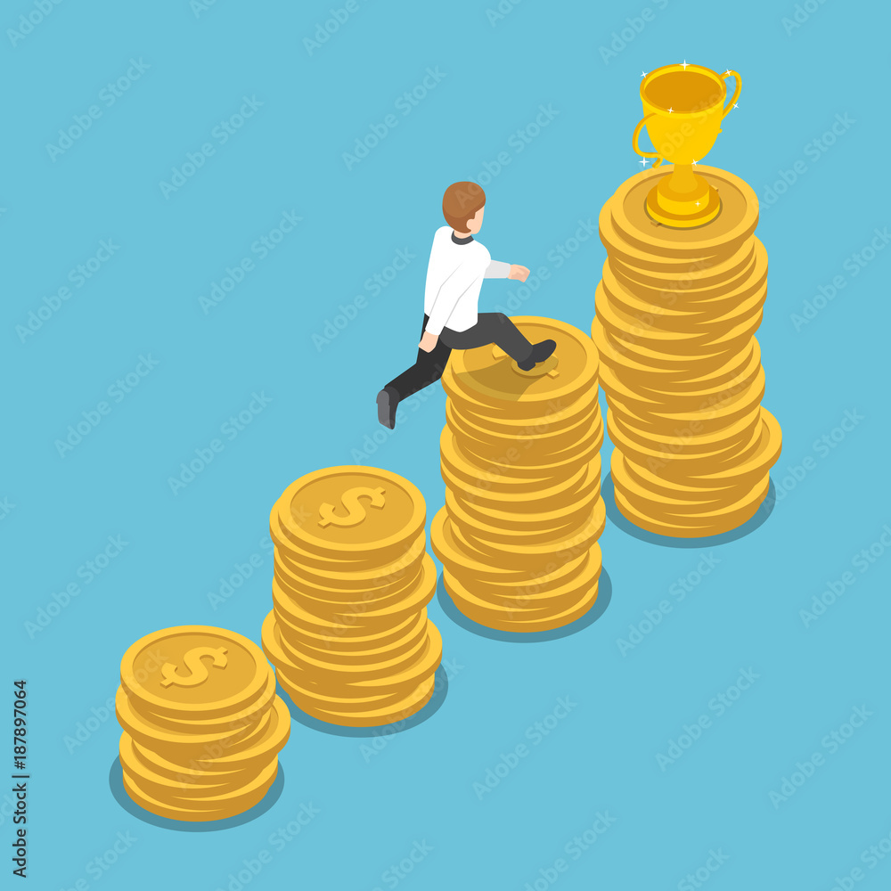 Poster isometric businessman jump to the top of coin stack graph to get golden trophy.