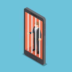 Isometric businessmen are trapped in a smartphone cage.