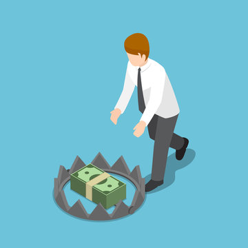 Isometric businessman trying to take money from bear trap.