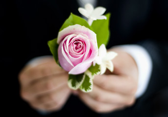 a groom holds a rose on his wedding day