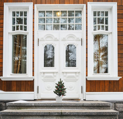 Fototapeta na wymiar Small christmas fir tree on steps