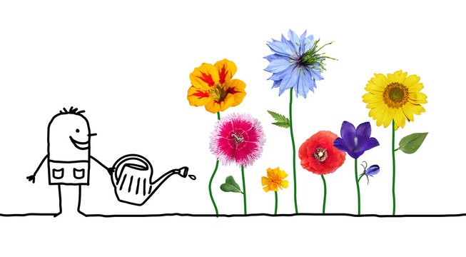 Cartoon Gardener Watering Flowers