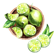 Fresh Lime fruit in the platter top view composition. Watercolor hand drawn illustration