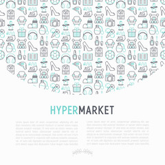 Hypermarket concept with thin line icons set: apparel, sport equipment, electronics, perfumery, cosmetics, toys, food, appliances. Modern vector illustration for print media, web page template.