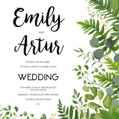 Wedding Invitation, floral invite card Design with green fern leaves elegant greenery, berry, eucalyptus forest bouquet corner frame, border print. Vector garden anniversary cute illustration template