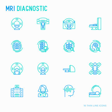 MRI diagnostics thin line icons set. Modern vector illustration of laboratory equipment.