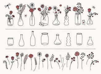 Set of hand drawn flowers and vases for Valentine's Day - 187898861