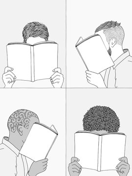 Hand drawn illustrations of men reading, hiding their faces behind their books - empty books to add your own text