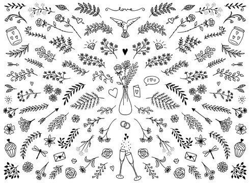 Hand sketched floral design elements for Valentine's Day or weddings, flowers and leaves for text decoration