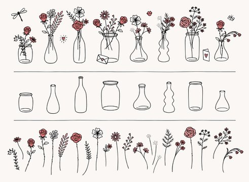 Set of hand drawn flowers and vases for Valentine's Day