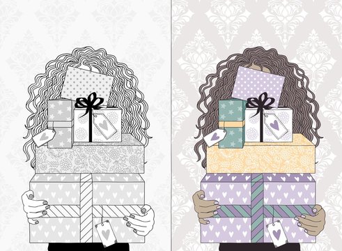 Hand drawn illustration of a young woman with curly hair, holding a variety of boxes with presents and gift tags - in black and white and in color