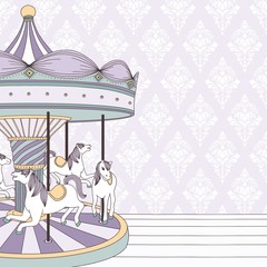 Hand drawn illustration of a carousel with horses and damask background