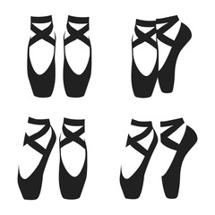 Vector black silhouette set of ballet shoes in classic positions isolated on white background - obrazy, fototapety, plakaty