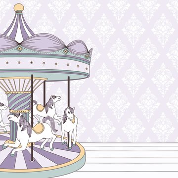 Hand drawn illustration of a carousel with horses and damask background