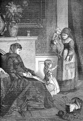 Two vidows, lady and housemaid with children: same sorrow, vintage engraving
