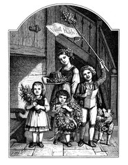 Kids celebrate an adult with banner, reciting poem, offering flowers, wearth and cake, vintage illustration