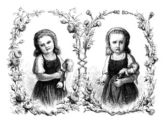 Happiness and affliction:  girl happy with doll, girl sad with doll with broken arm, vintage engraving